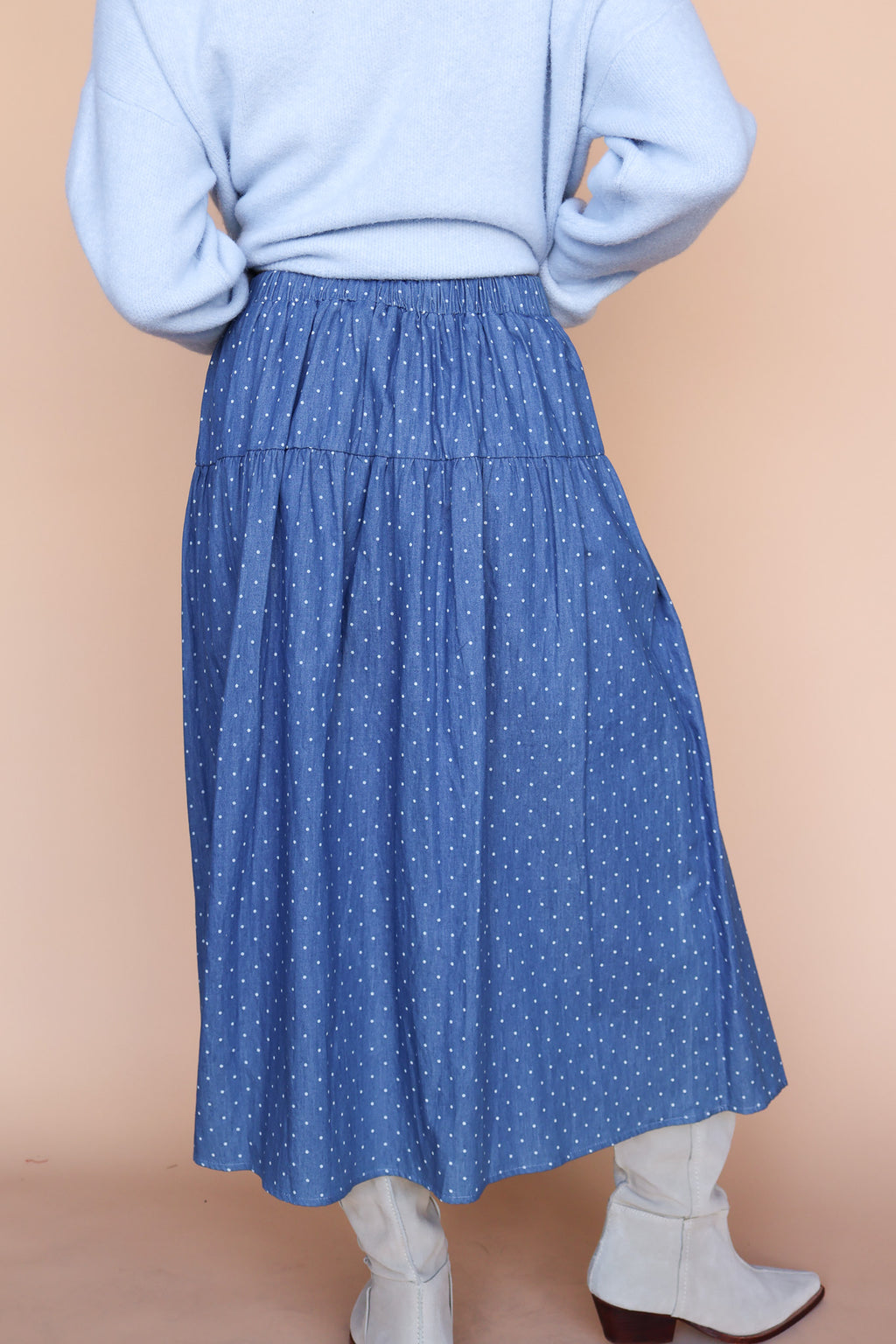 Polka Dot Chambray Faux Wrap Skirt