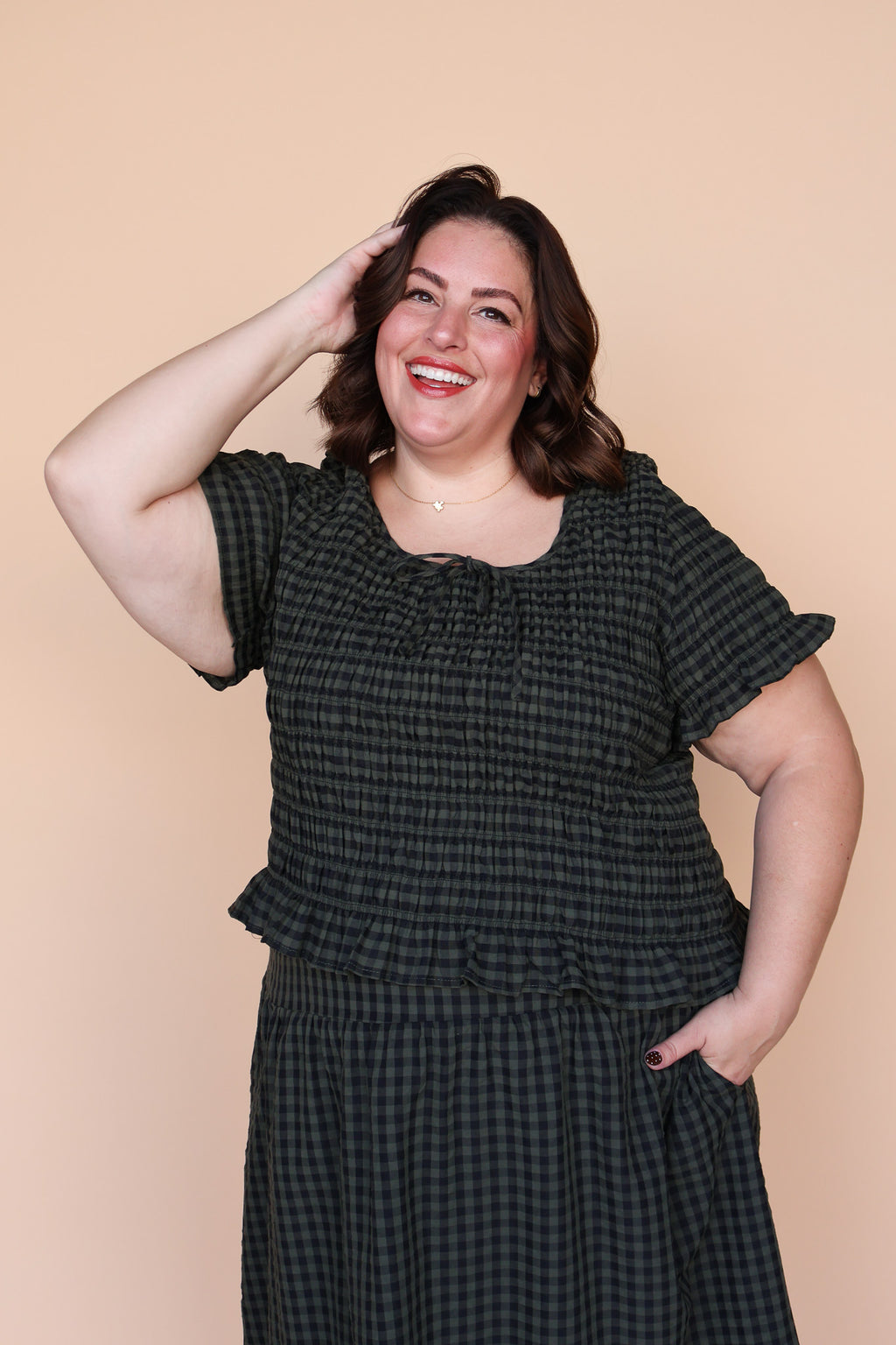 Hattie Gingham Blouse in Dark Olive