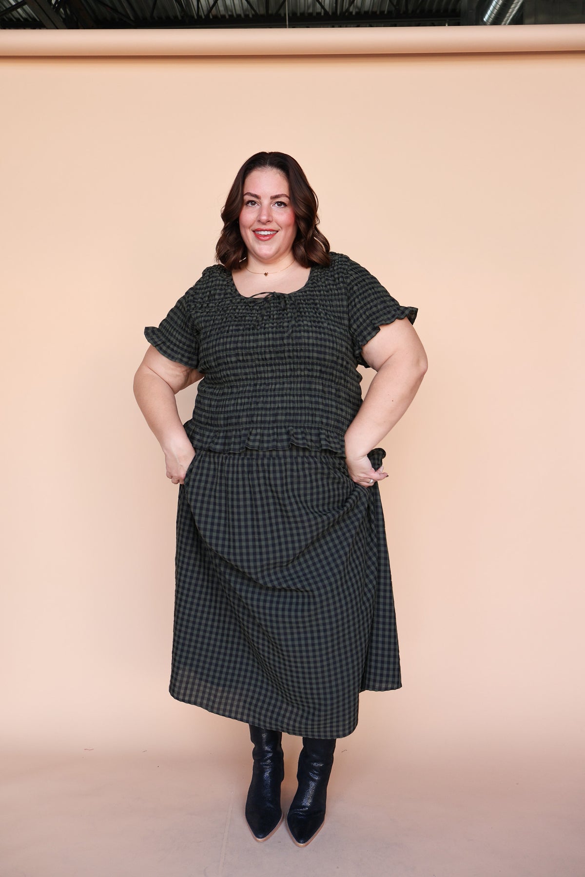 Hattie Gingham Skirt in Dark Olive