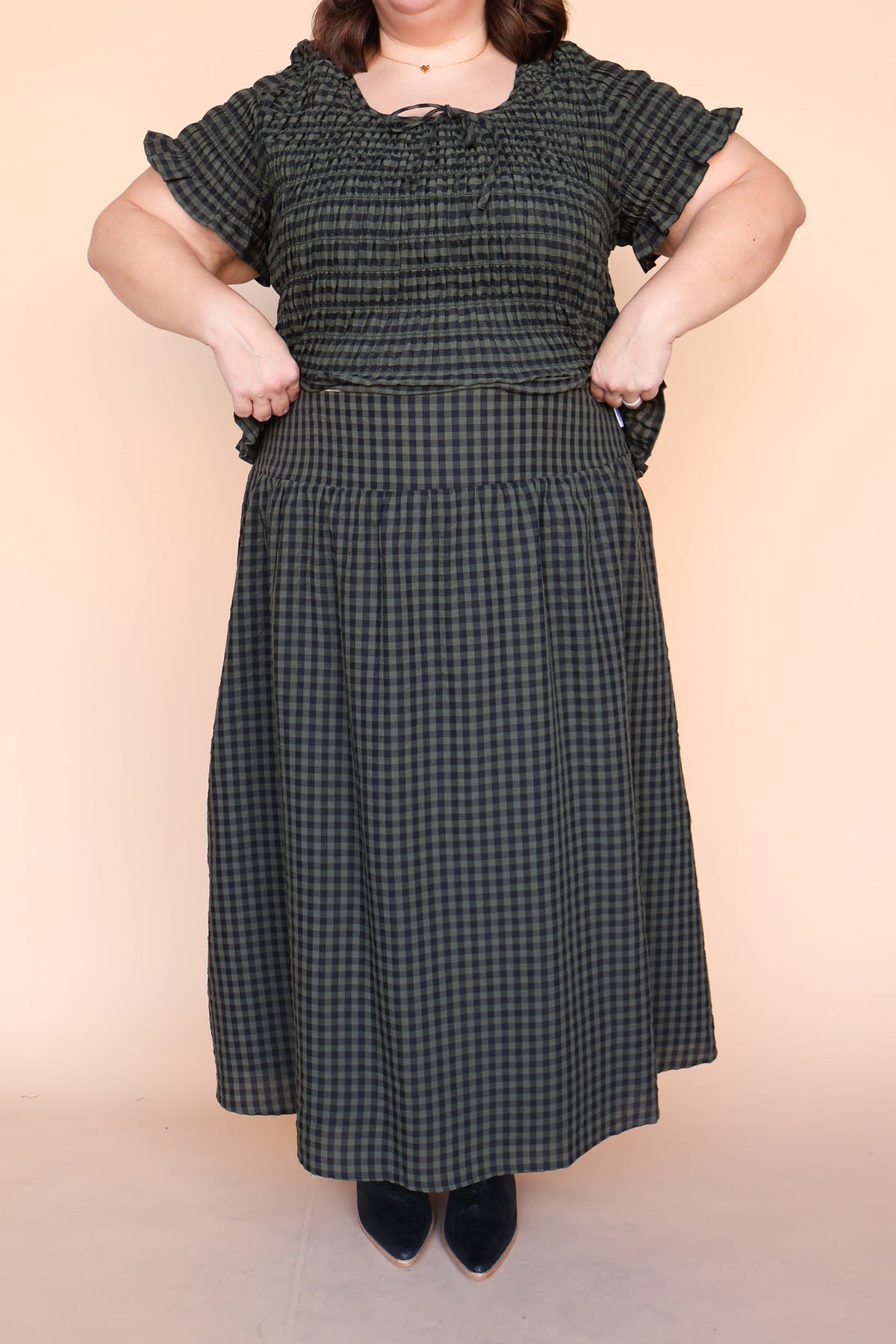 Hattie Gingham Skirt in Dark Olive