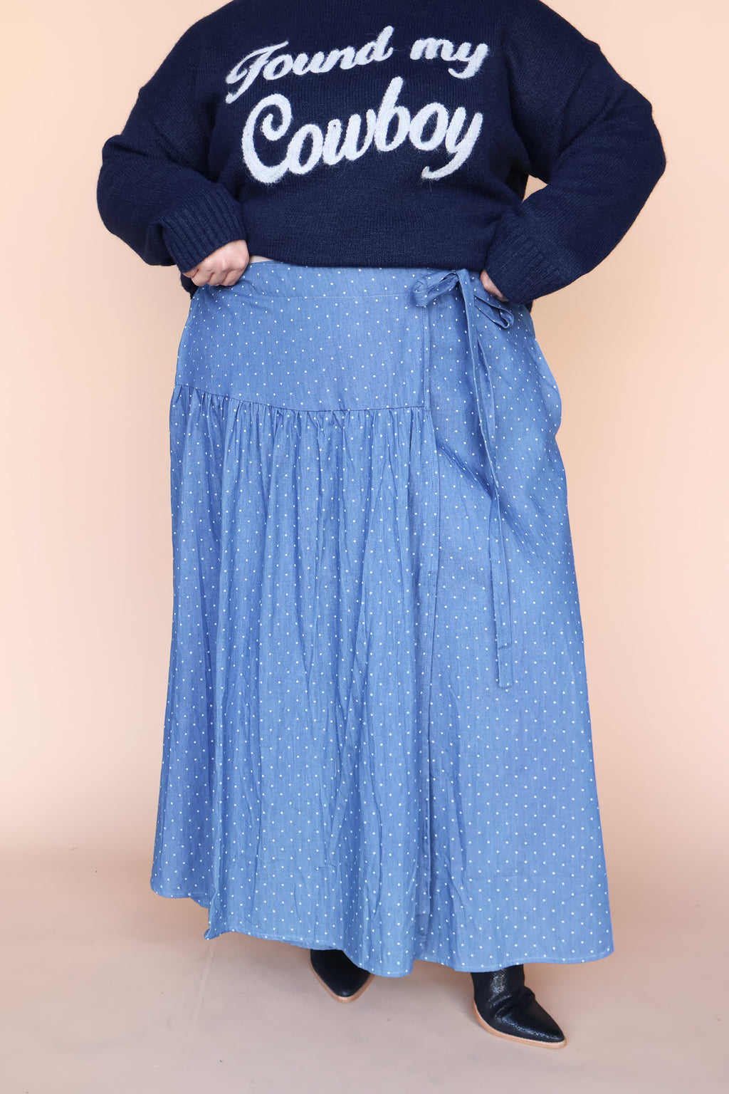 Polka Dot Chambray Faux Wrap Skirt