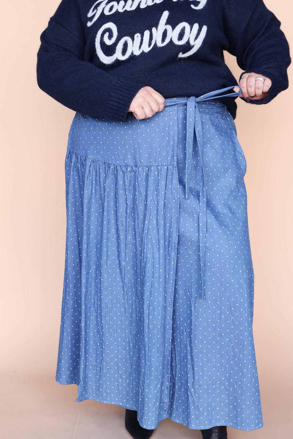 Polka Dot Chambray Faux Wrap Skirt