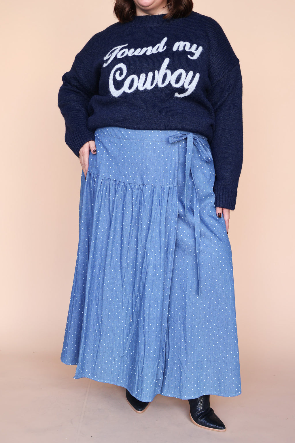 Polka Dot Chambray Faux Wrap Skirt