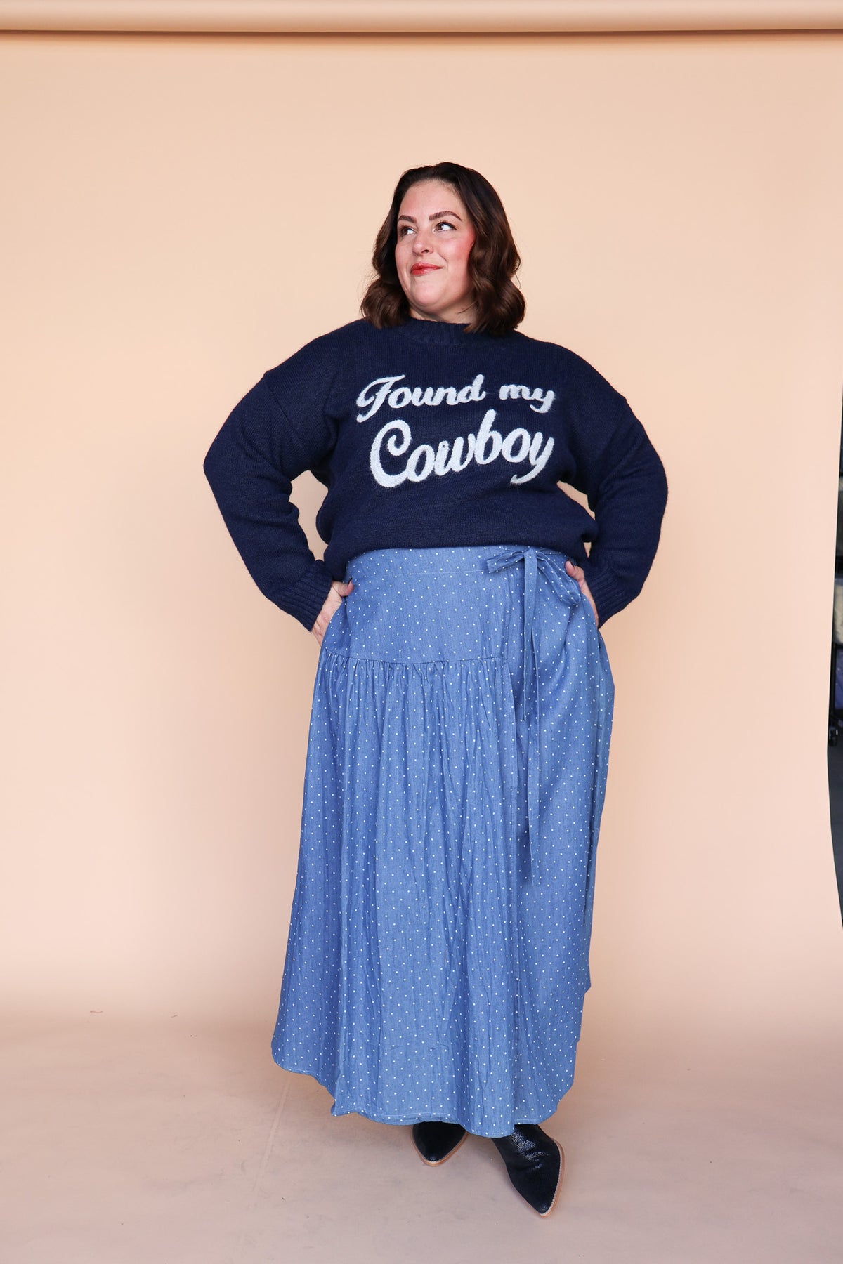 Polka Dot Chambray Faux Wrap Skirt