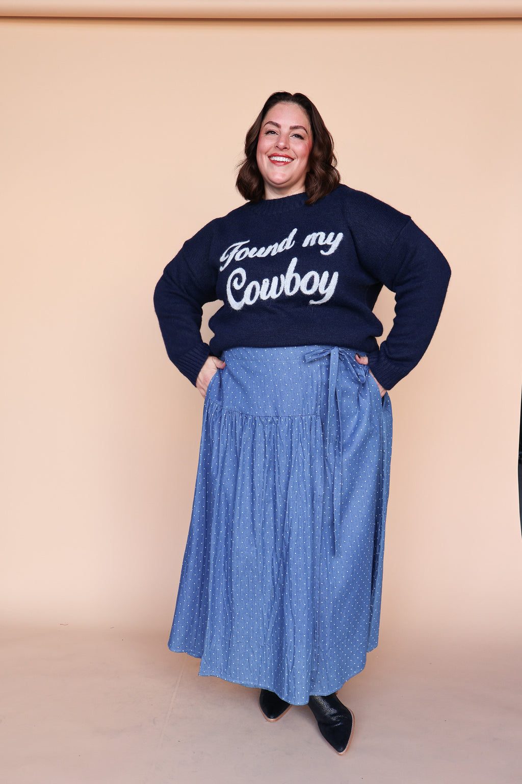 Polka Dot Chambray Faux Wrap Skirt