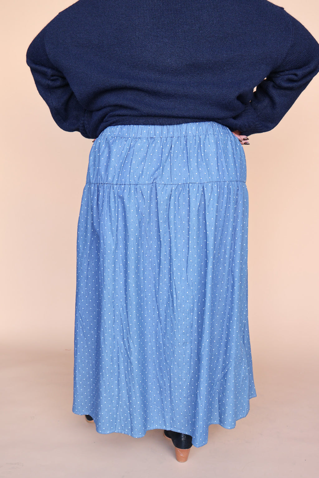Polka Dot Chambray Faux Wrap Skirt