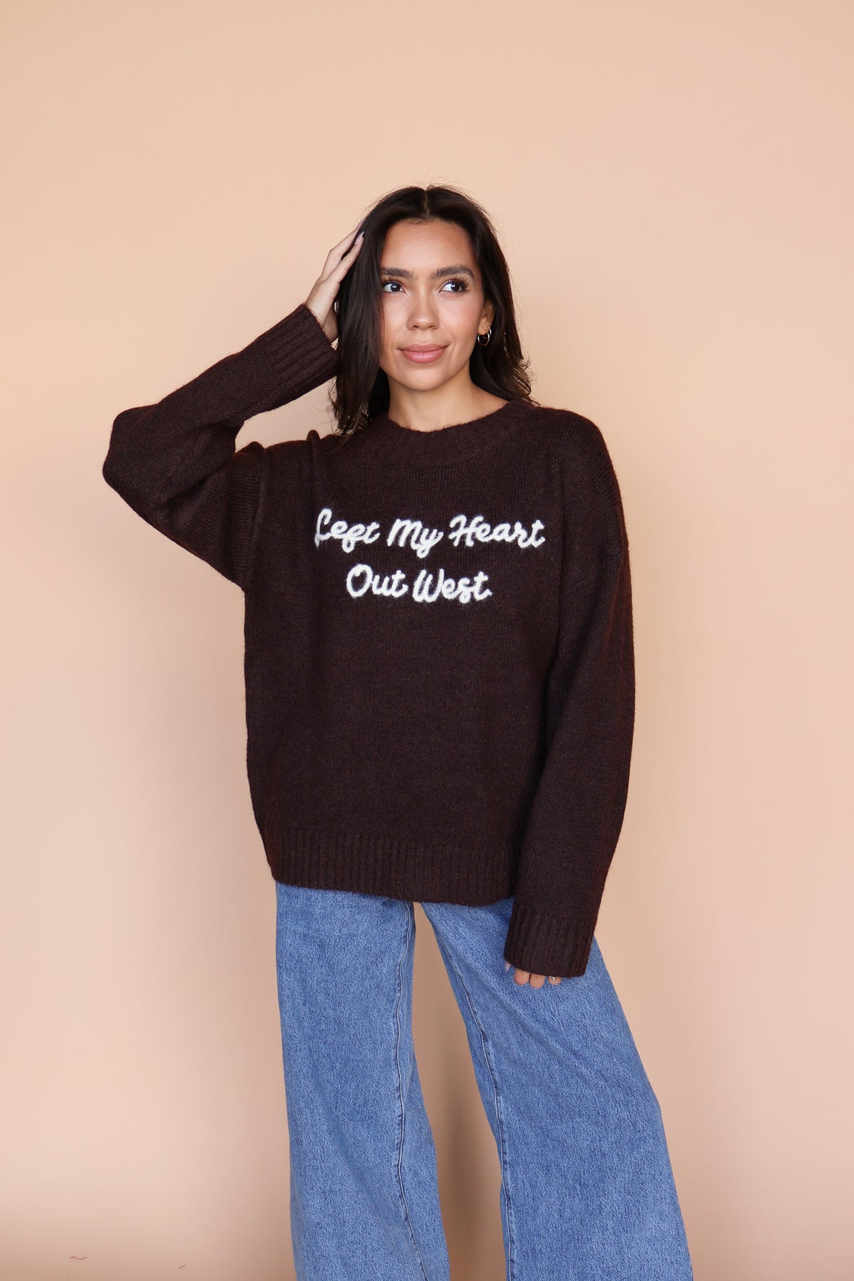 Left My Heart Out West Sweater in Chocolate Brown