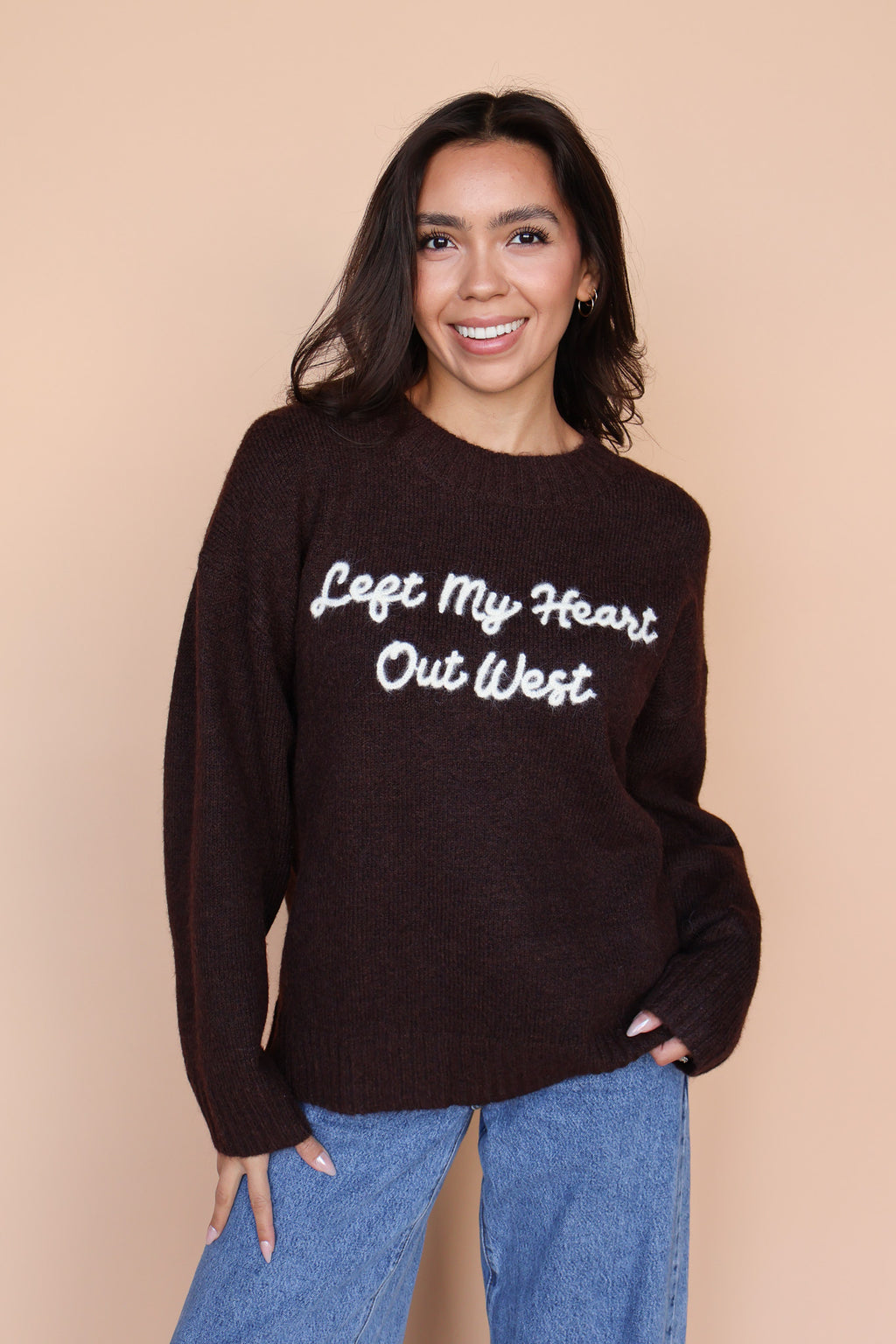 Left My Heart Out West Sweater in Chocolate Brown