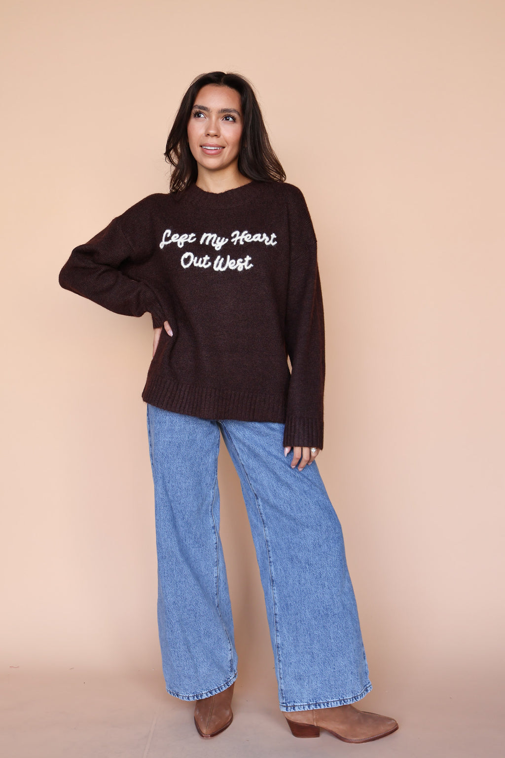 Left My Heart Out West Sweater in Chocolate Brown