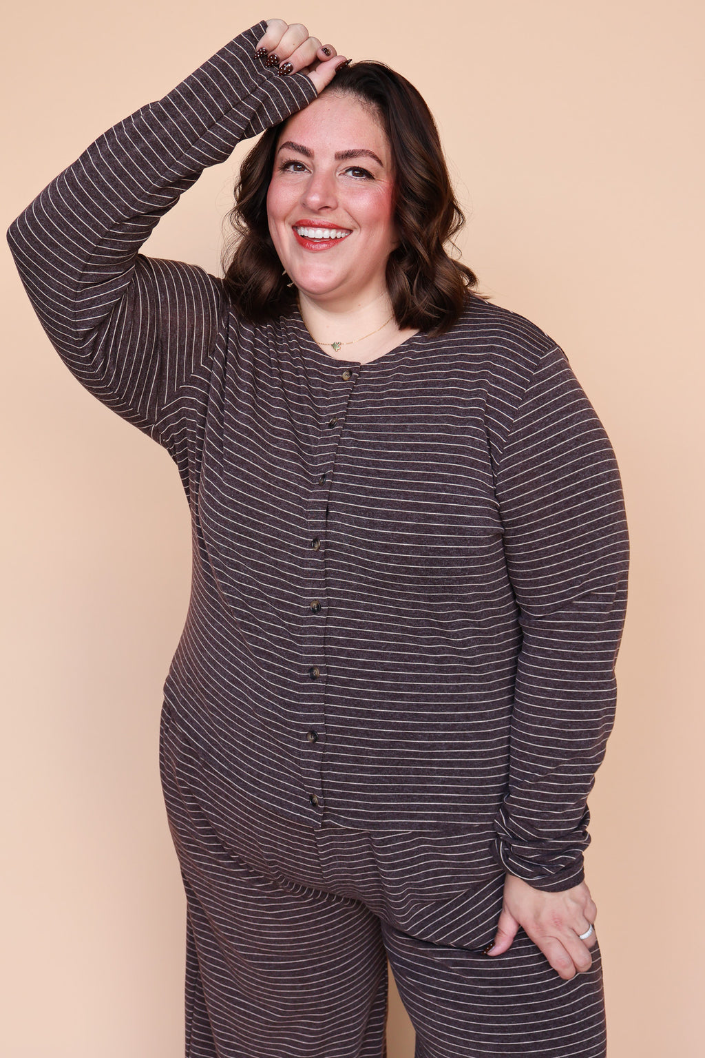 Lauren Stripe Button Up Top in Brown