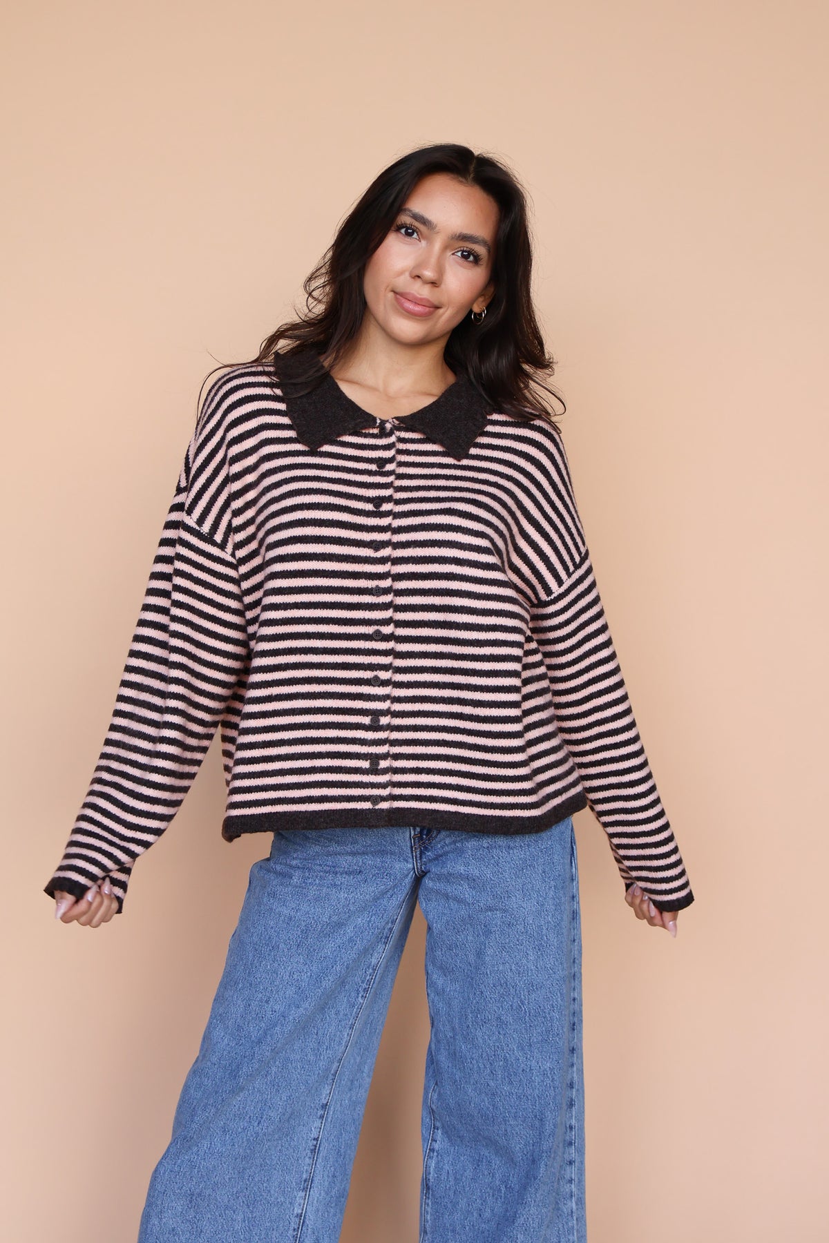 Stripe Cardigan in Chocolate/Pink