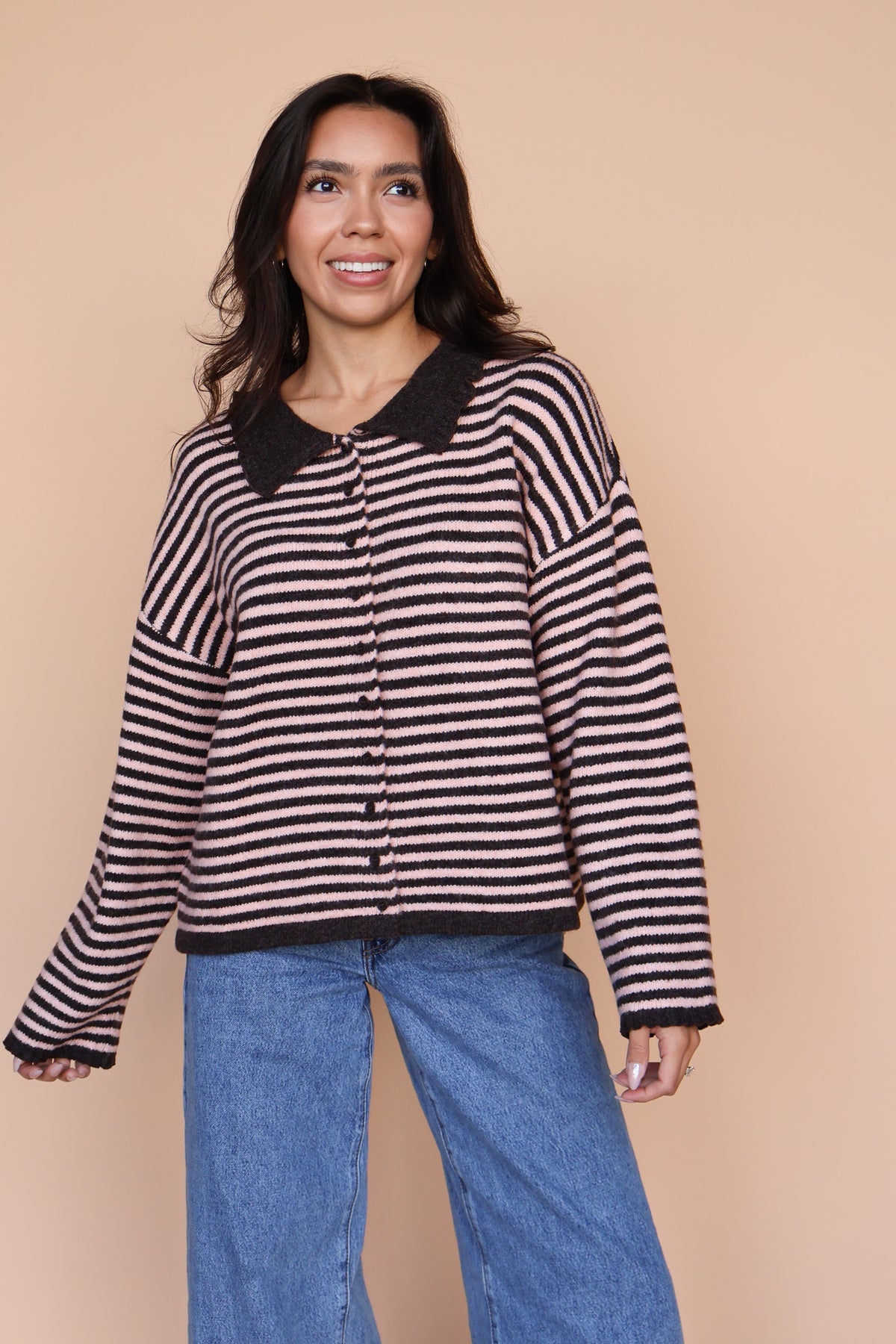 Stripe Cardigan in Chocolate/Pink Main image