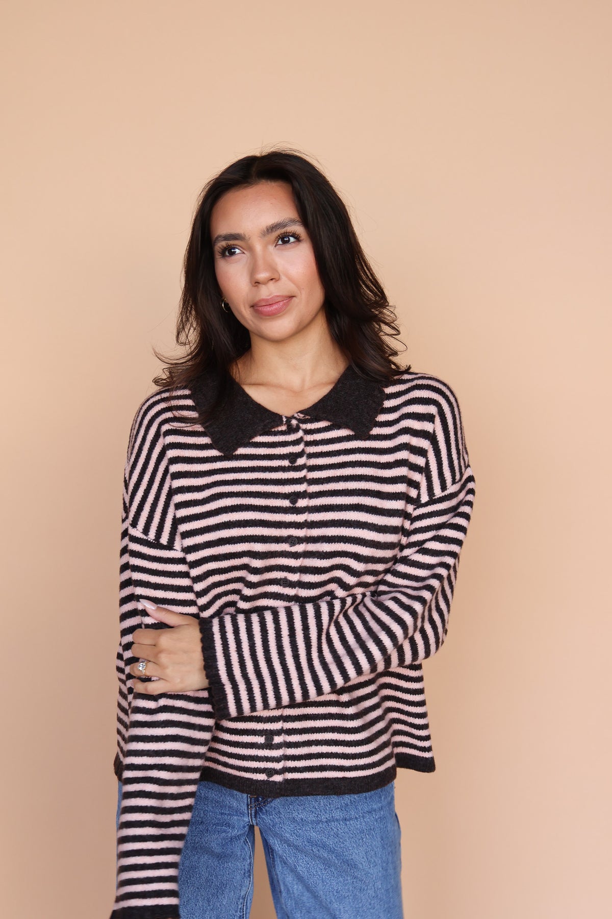 Stripe Cardigan in Chocolate/Pink