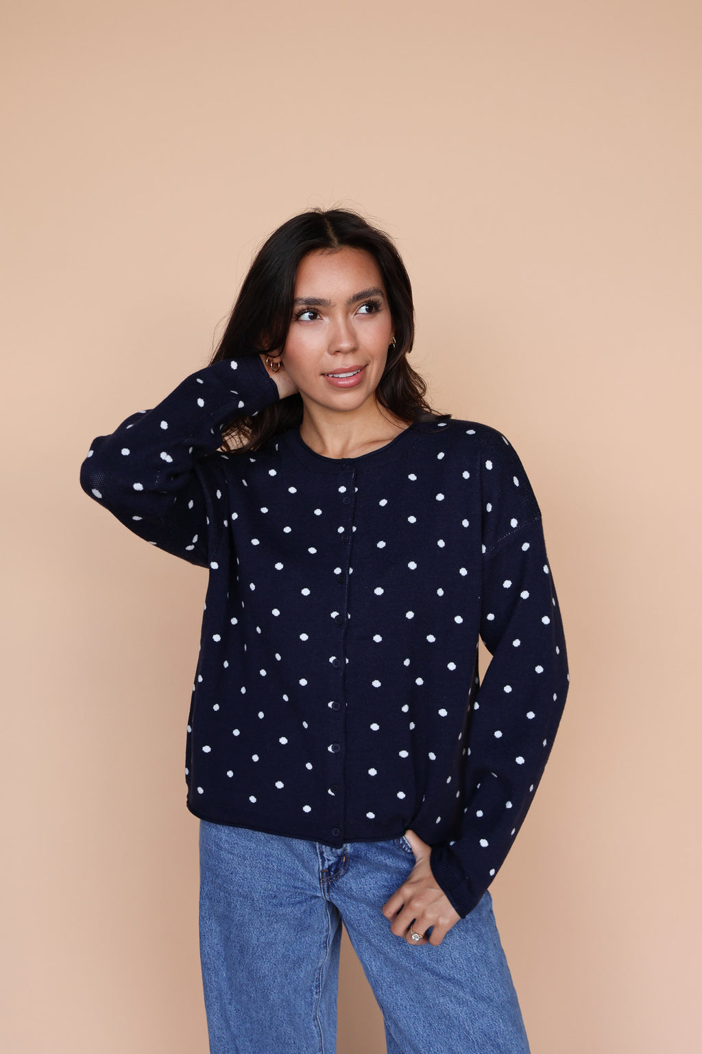Mae Polka Dot Cardigan in Navy