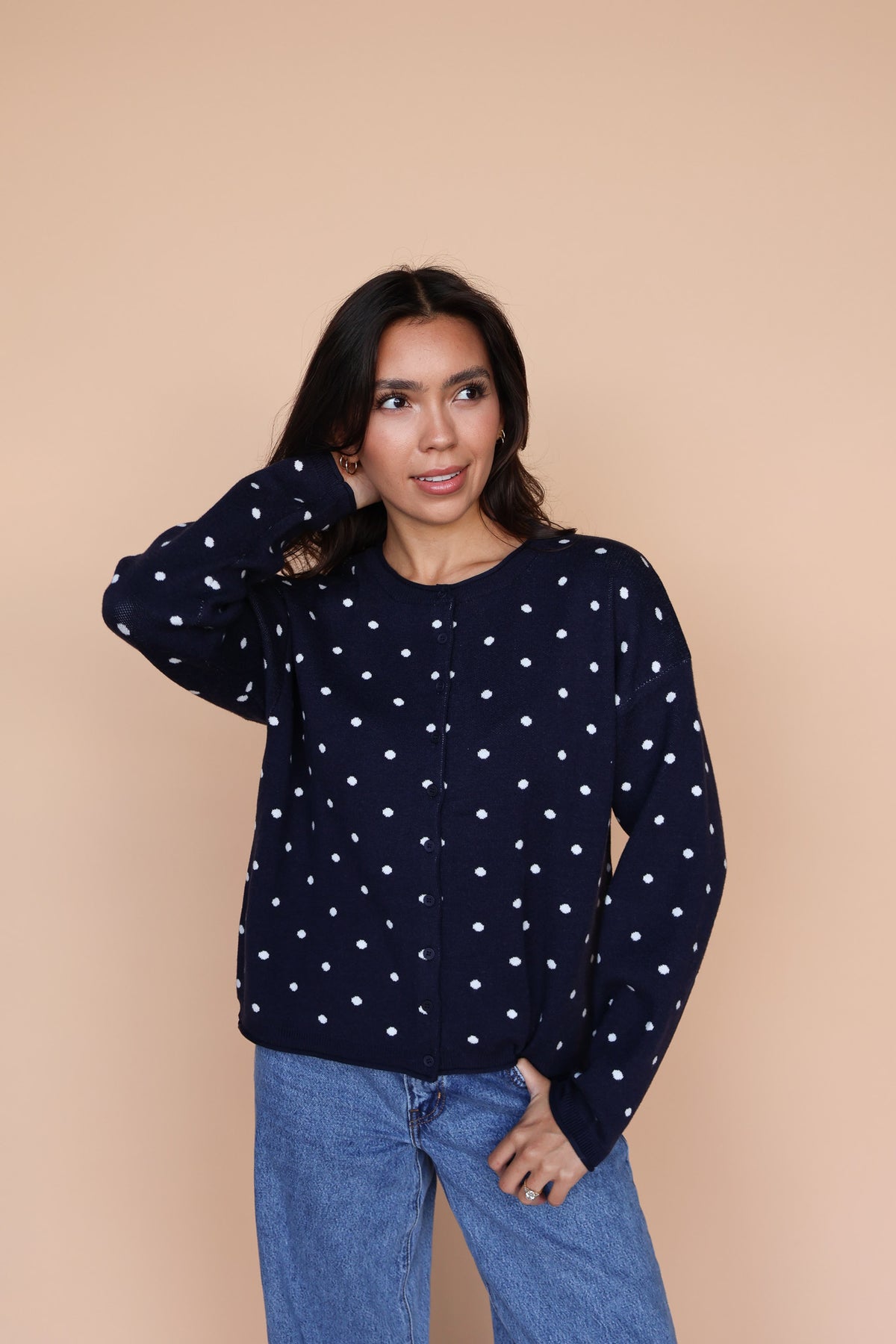 Mae Polka Dot Cardigan in Navy