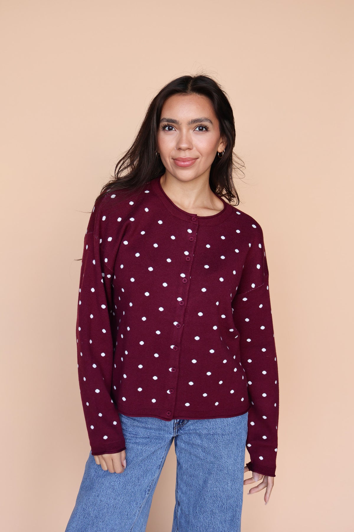 Mae Polka Dot Cardigan in Berry Red