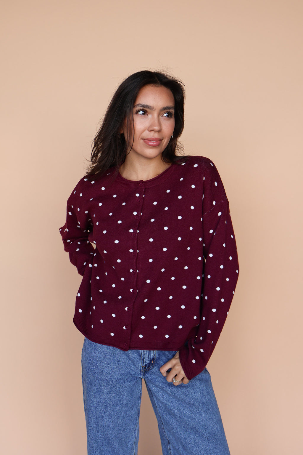 Mae Polka Dot Cardigan in Berry Red