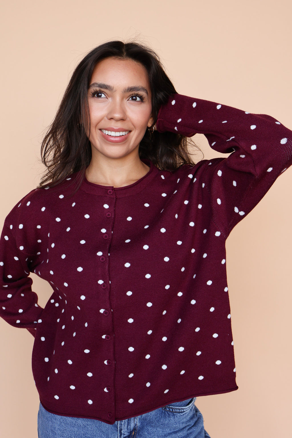 Mae Polka Dot Cardigan in Berry Red
