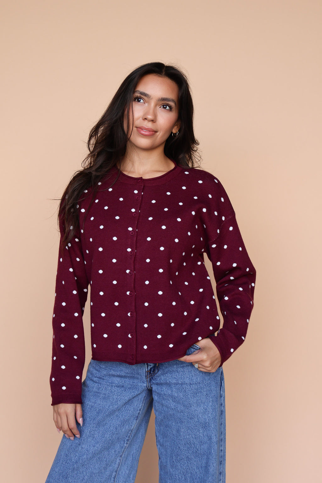 Mae Polka Dot Cardigan in Berry Red