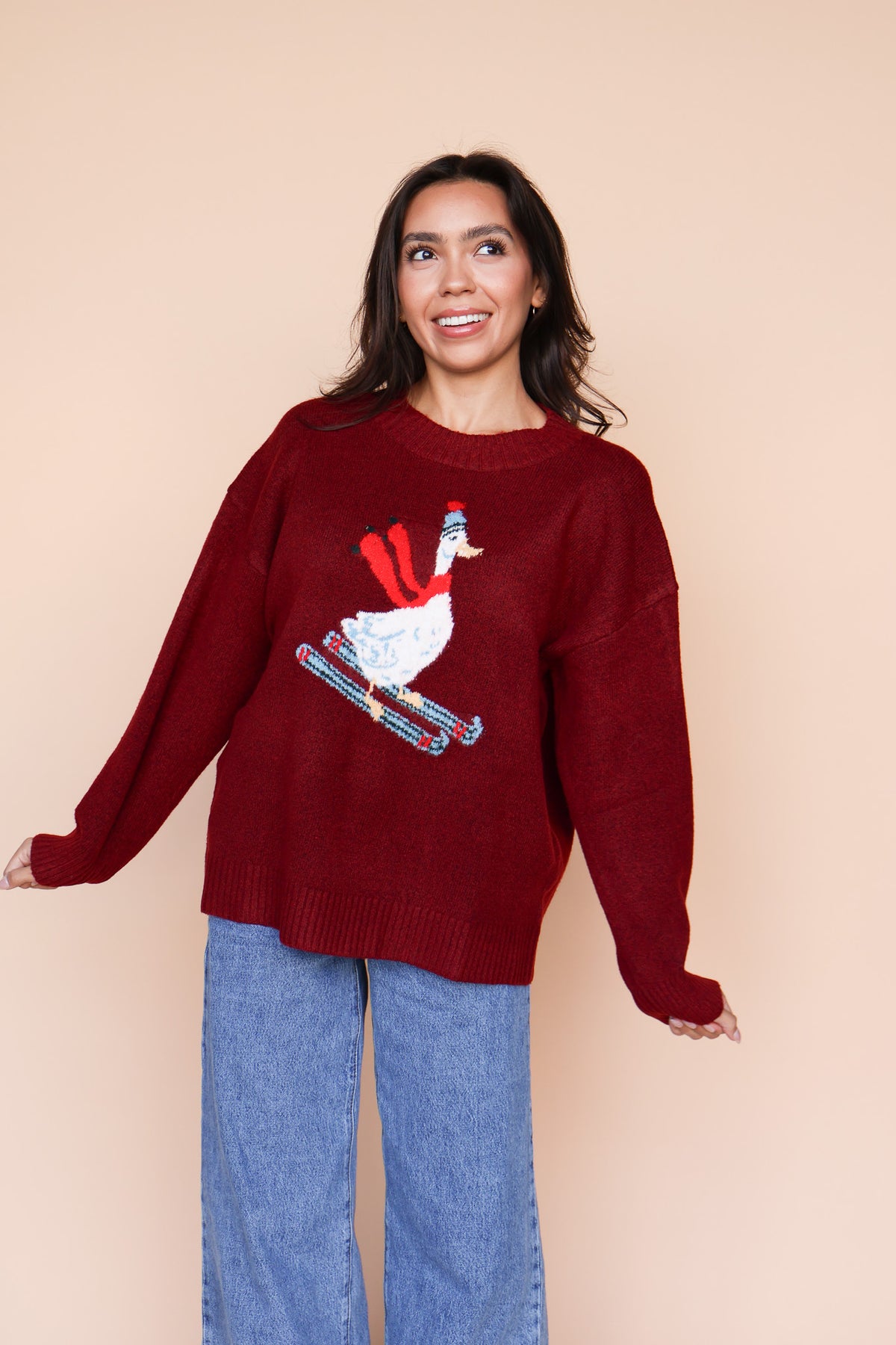 Skiing Duck Knit Sweater in Red