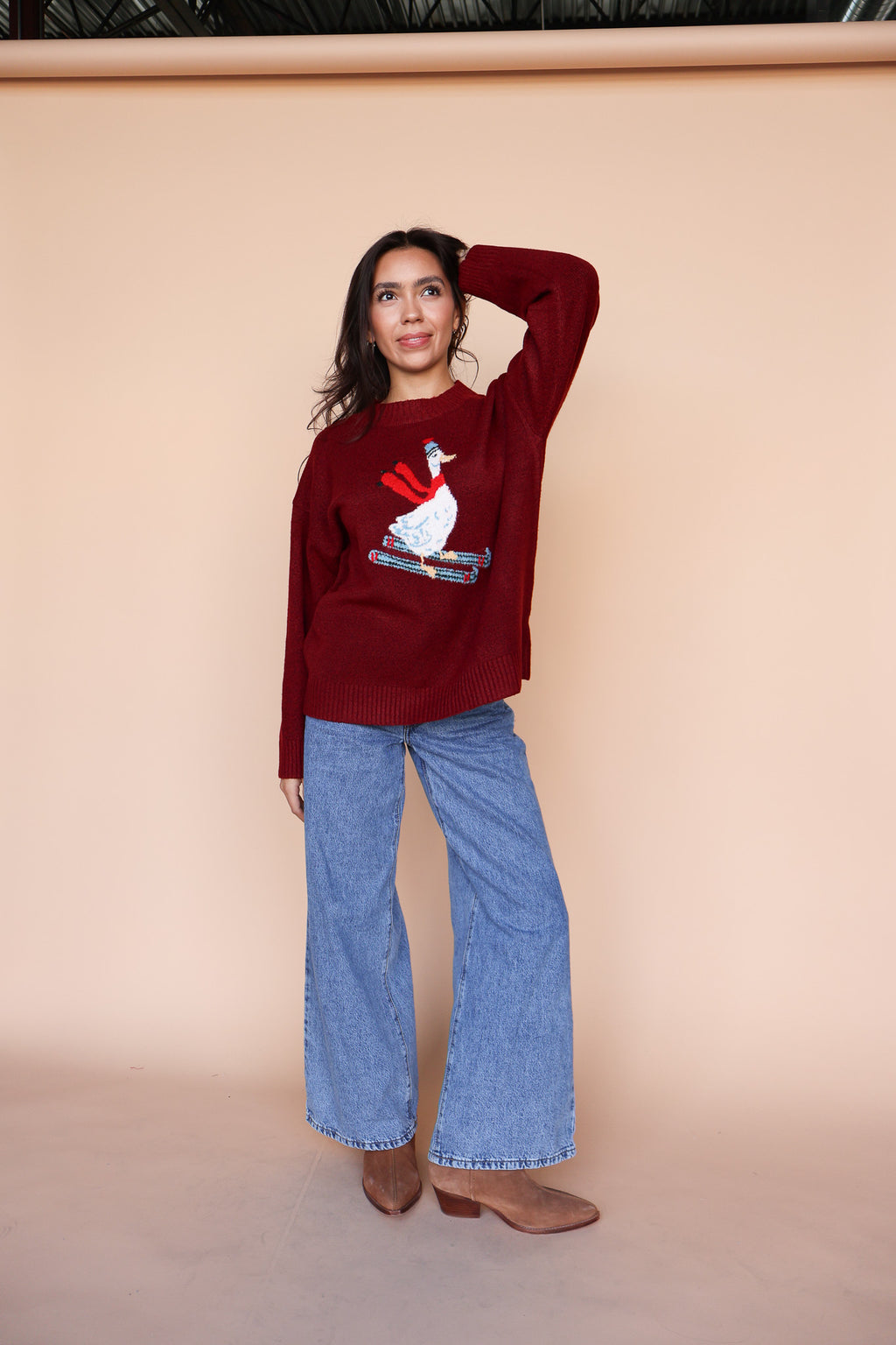 Skiing Duck Knit Sweater in Red
