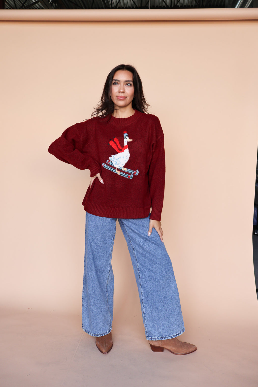 Skiing Duck Knit Sweater in Red