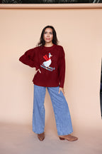 Skiing Duck Knit Sweater in Red