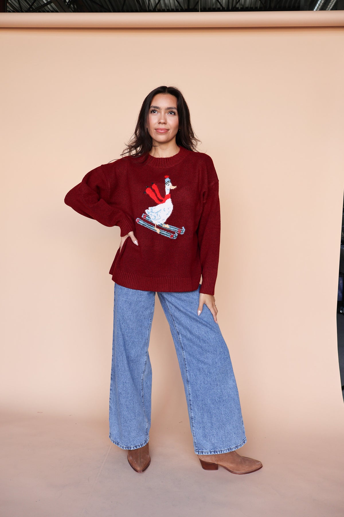 Skiing Duck Knit Sweater in Red