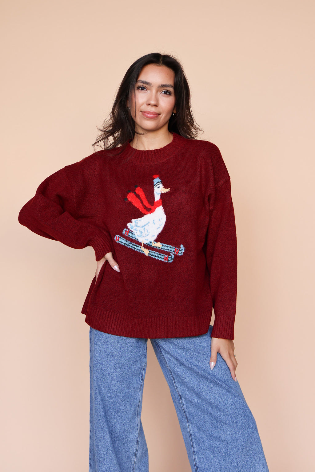 Skiing Duck Knit Sweater in Red