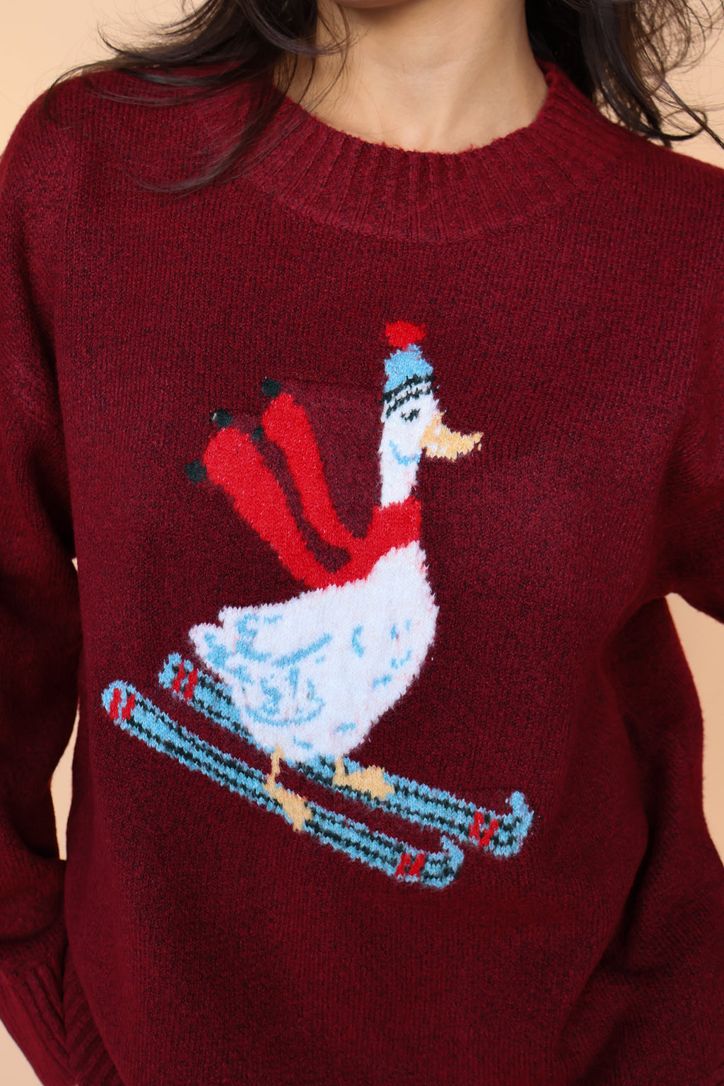 Skiing Duck Knit Sweater in Red