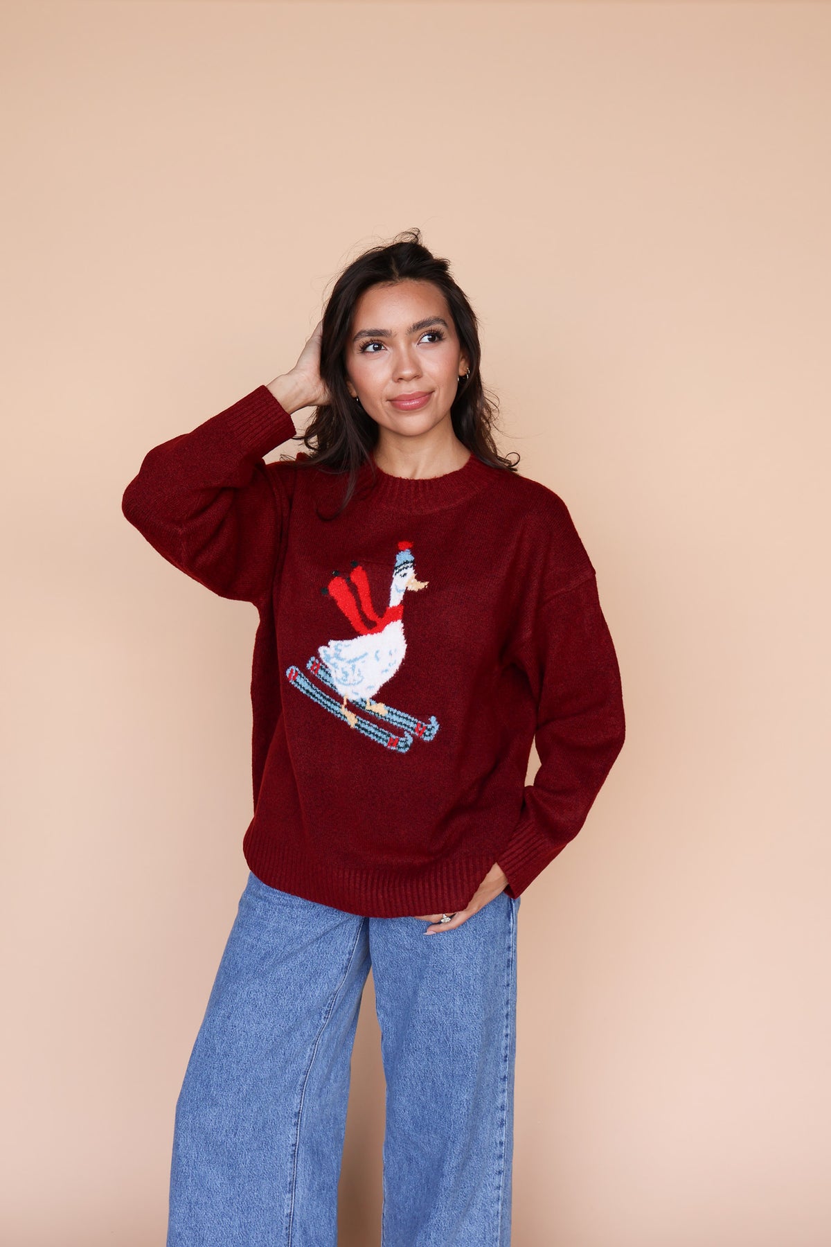 Skiing Duck Knit Sweater in Red