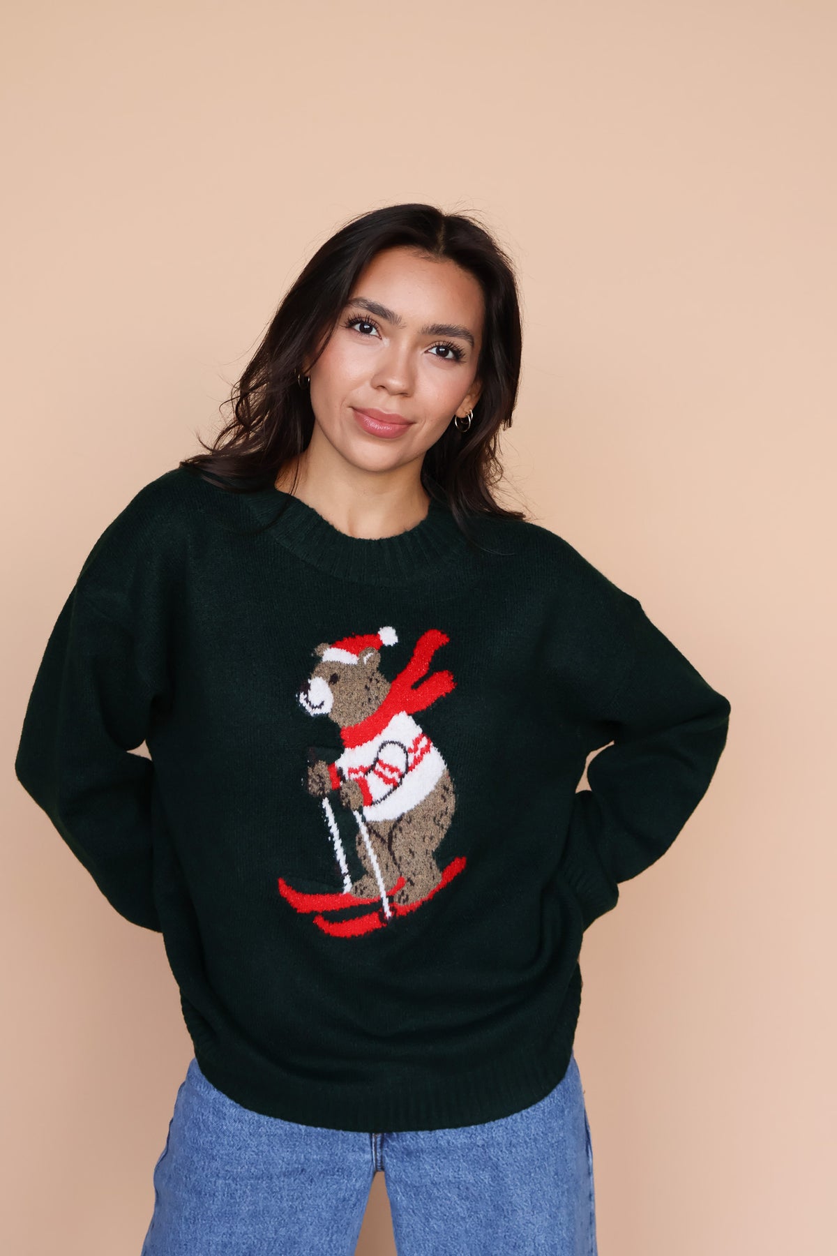 Skiing Bear Knit Sweater in Green