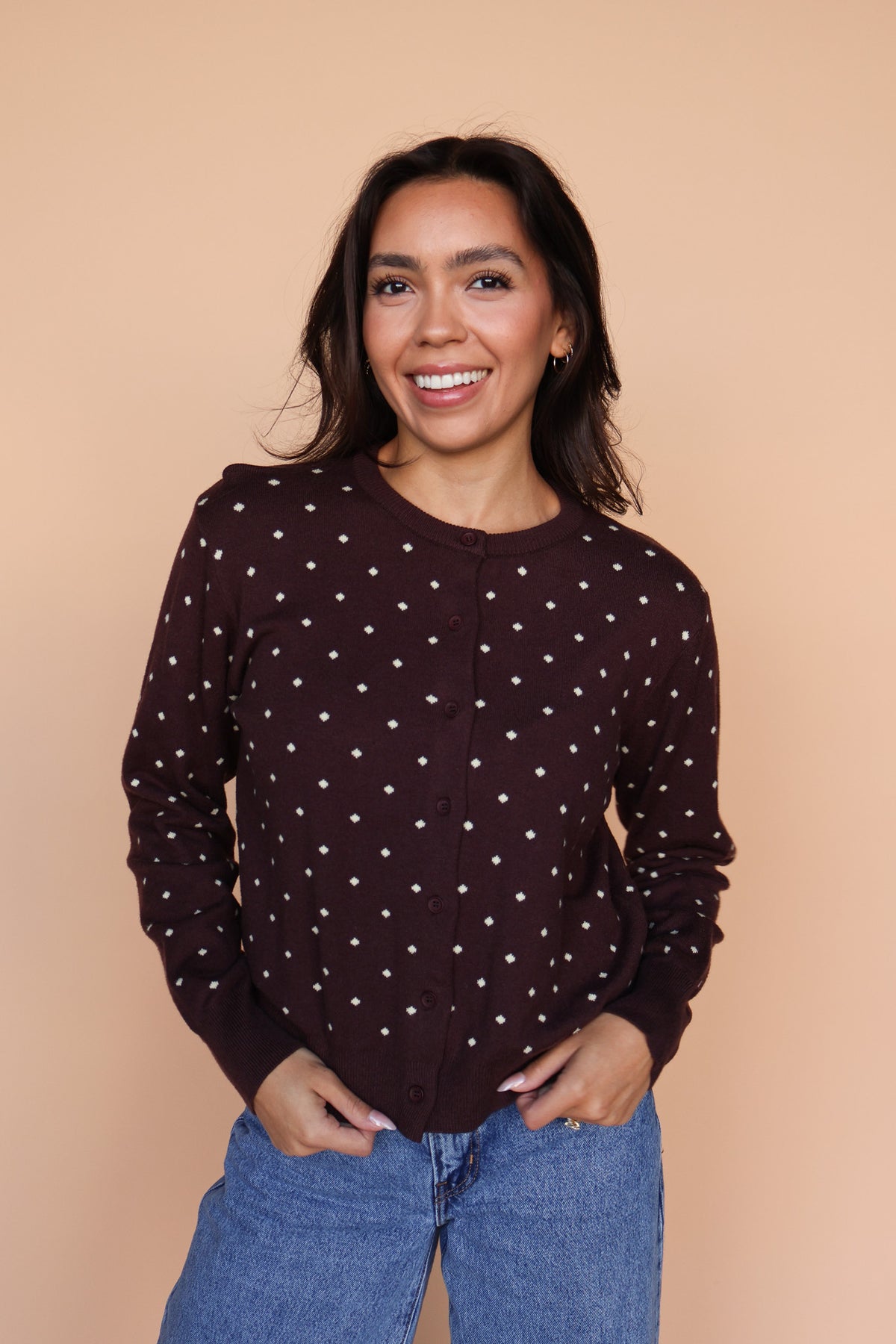 Kate Polka Dot Cardigan in Chocolate Main image