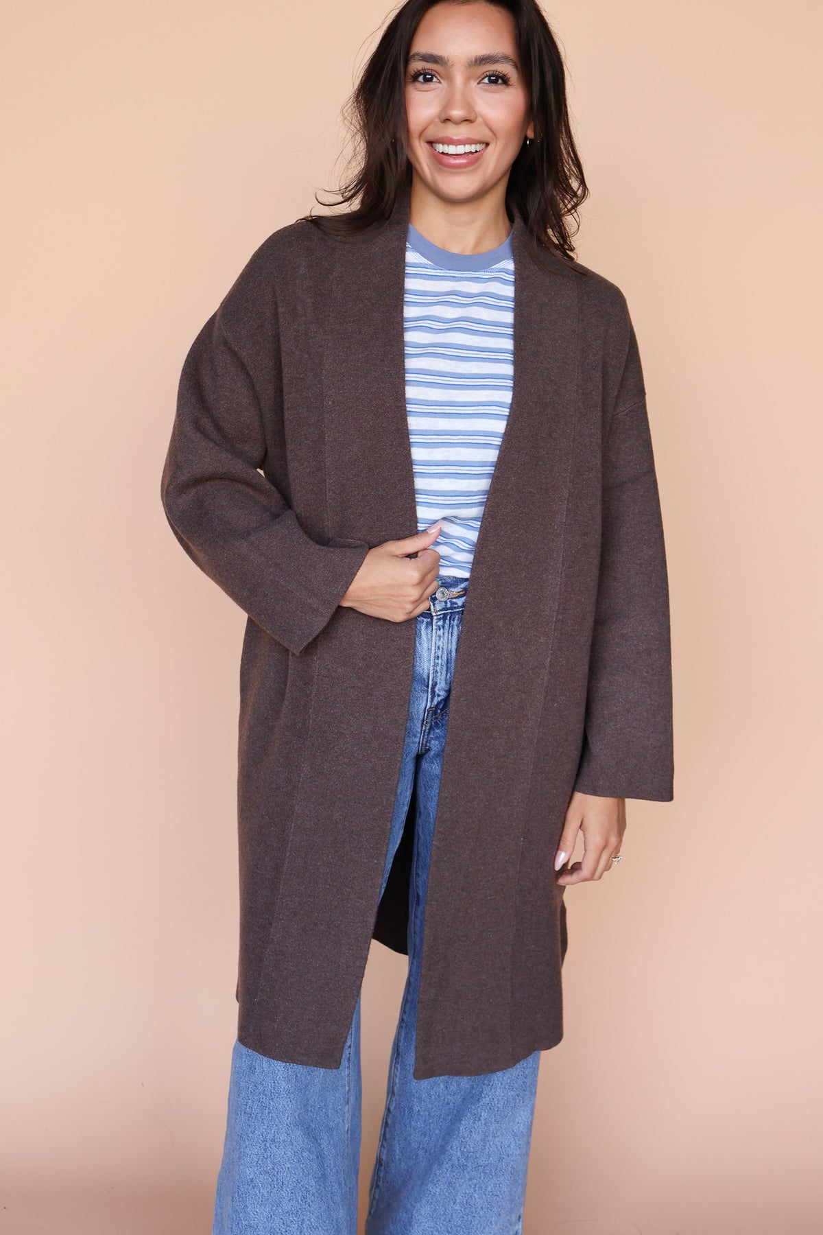 Open Long Knit Coat in Dark Taupe Secondary image