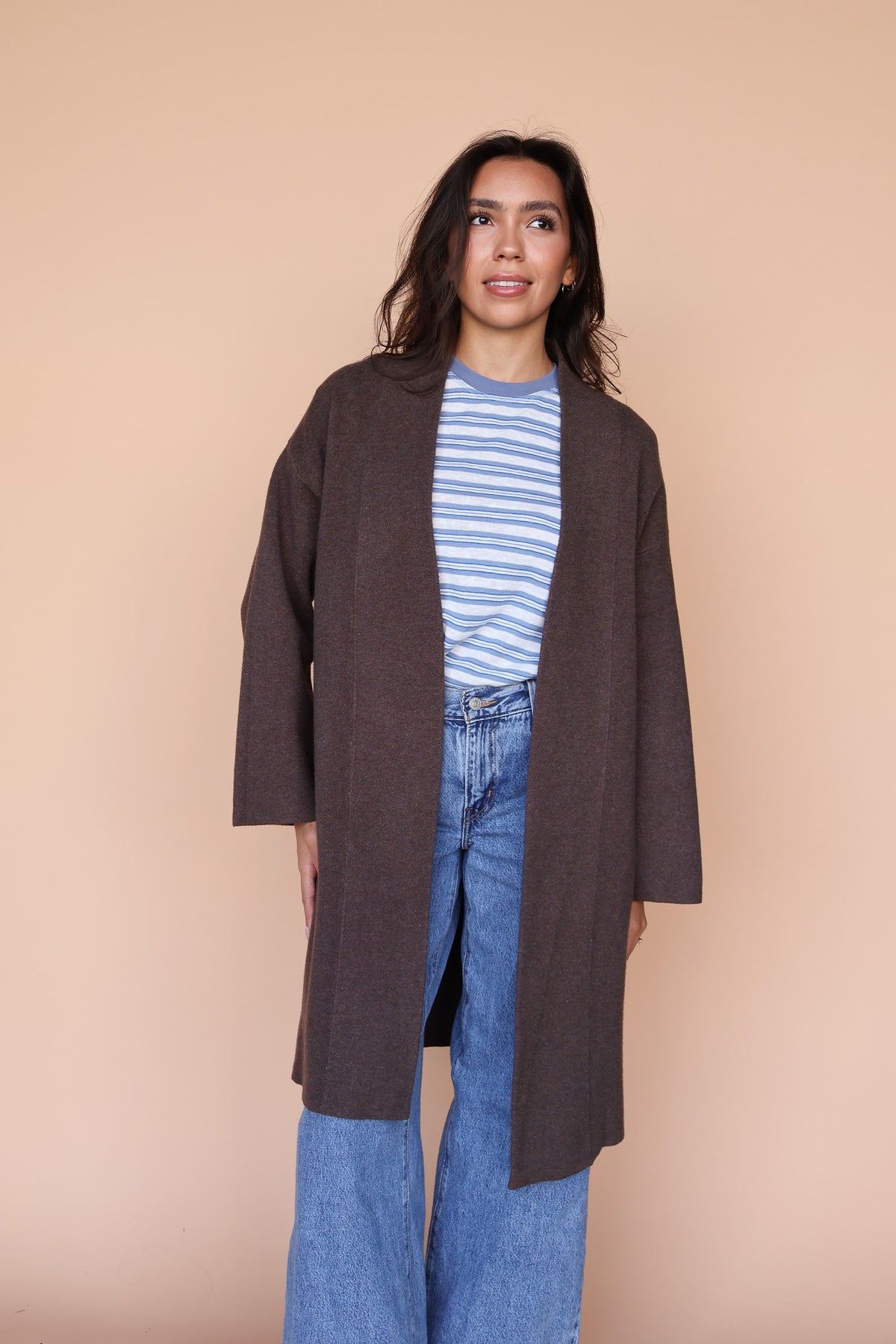 Open Long Knit Coat in Dark Taupe