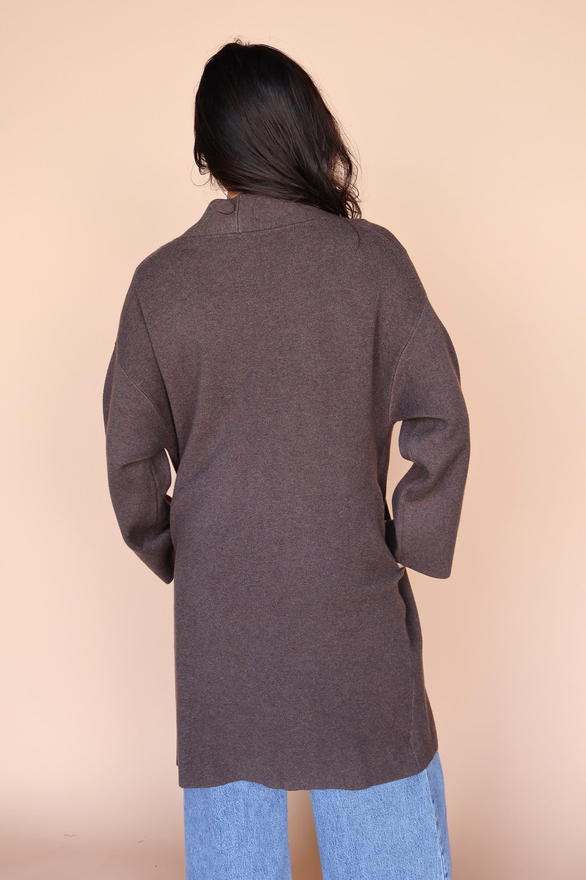 Open Long Knit Coat in Dark Taupe