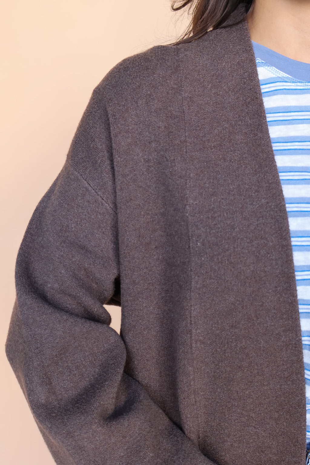 Open Long Knit Coat in Dark Taupe