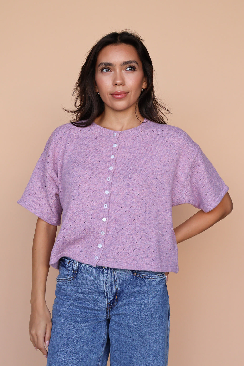 Pointelle Knit Cardigan in Lilac