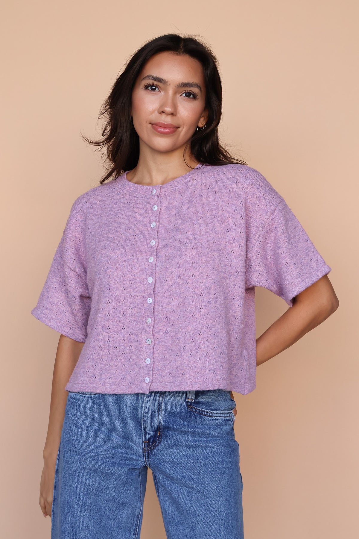 Pointelle Knit Cardigan in Lilac Secondary image