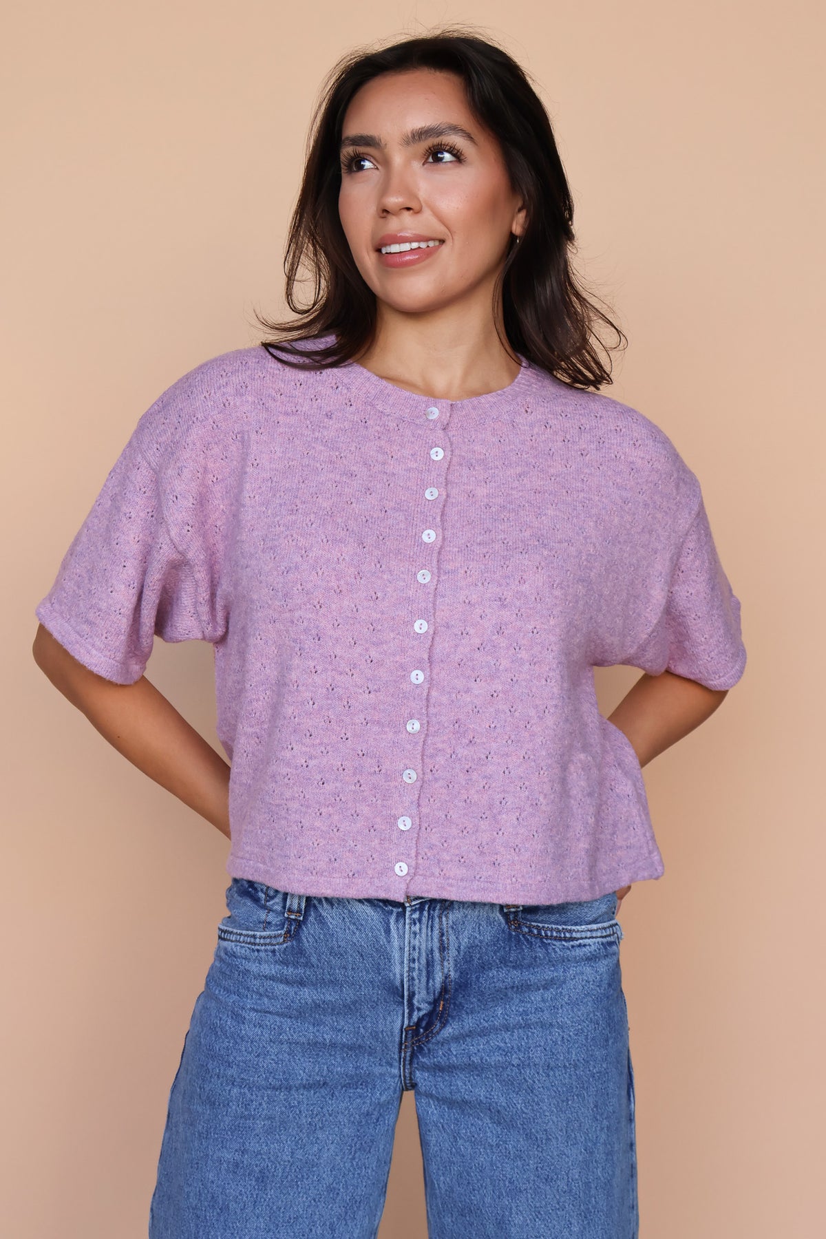 Pointelle Knit Cardigan in Lilac