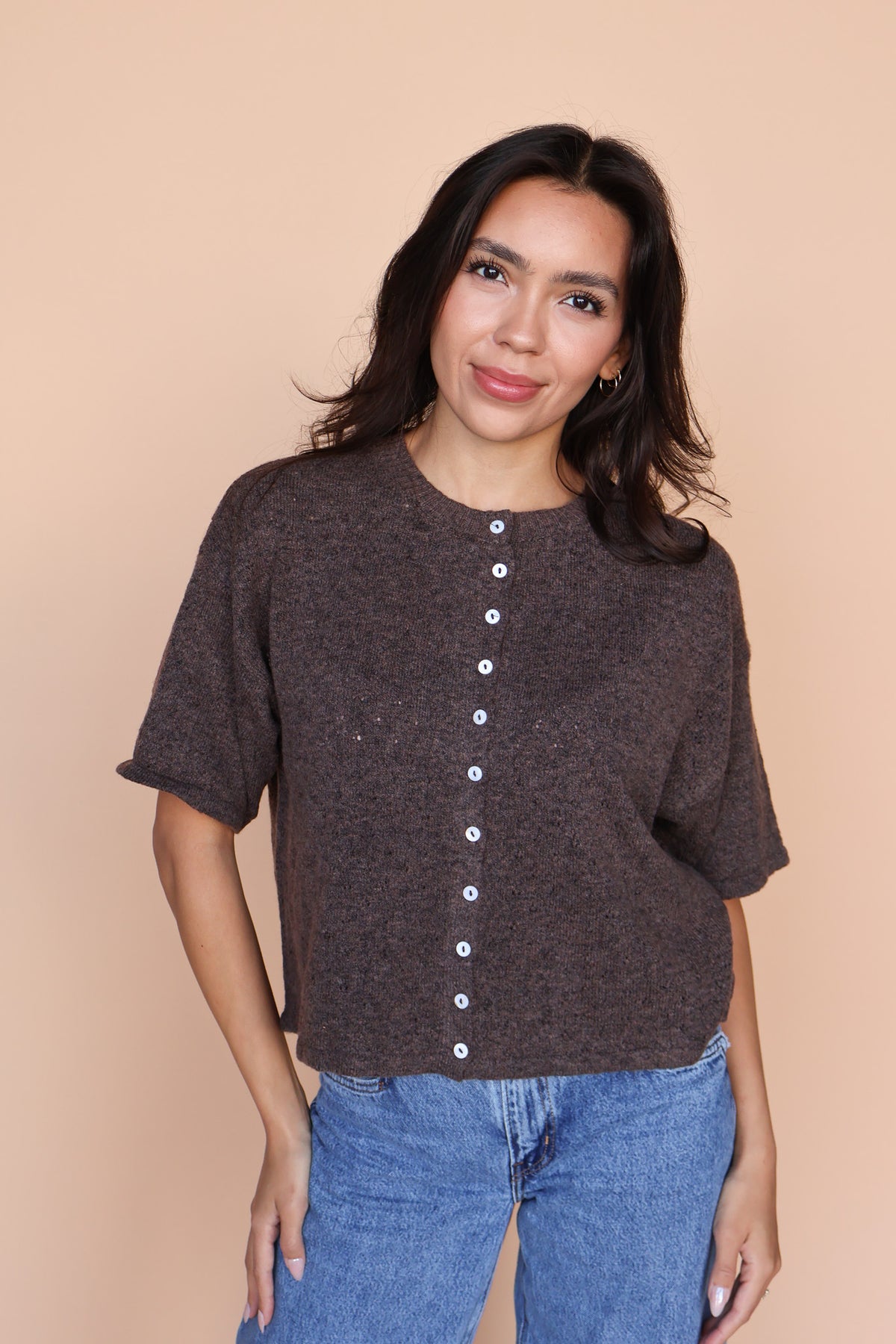 Pointelle Knit Cardigan in Brown Main image