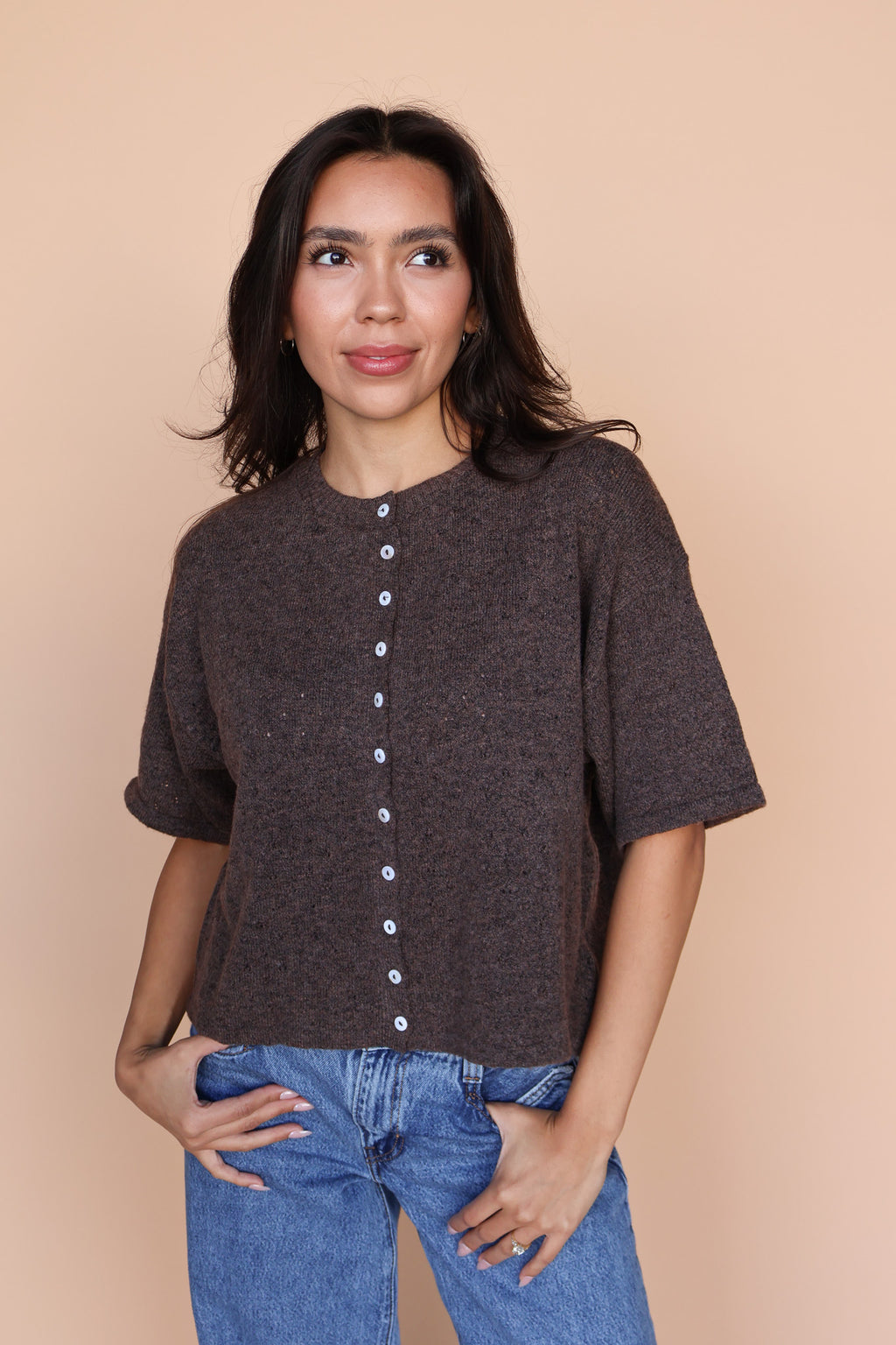Pointelle Knit Cardigan in Brown