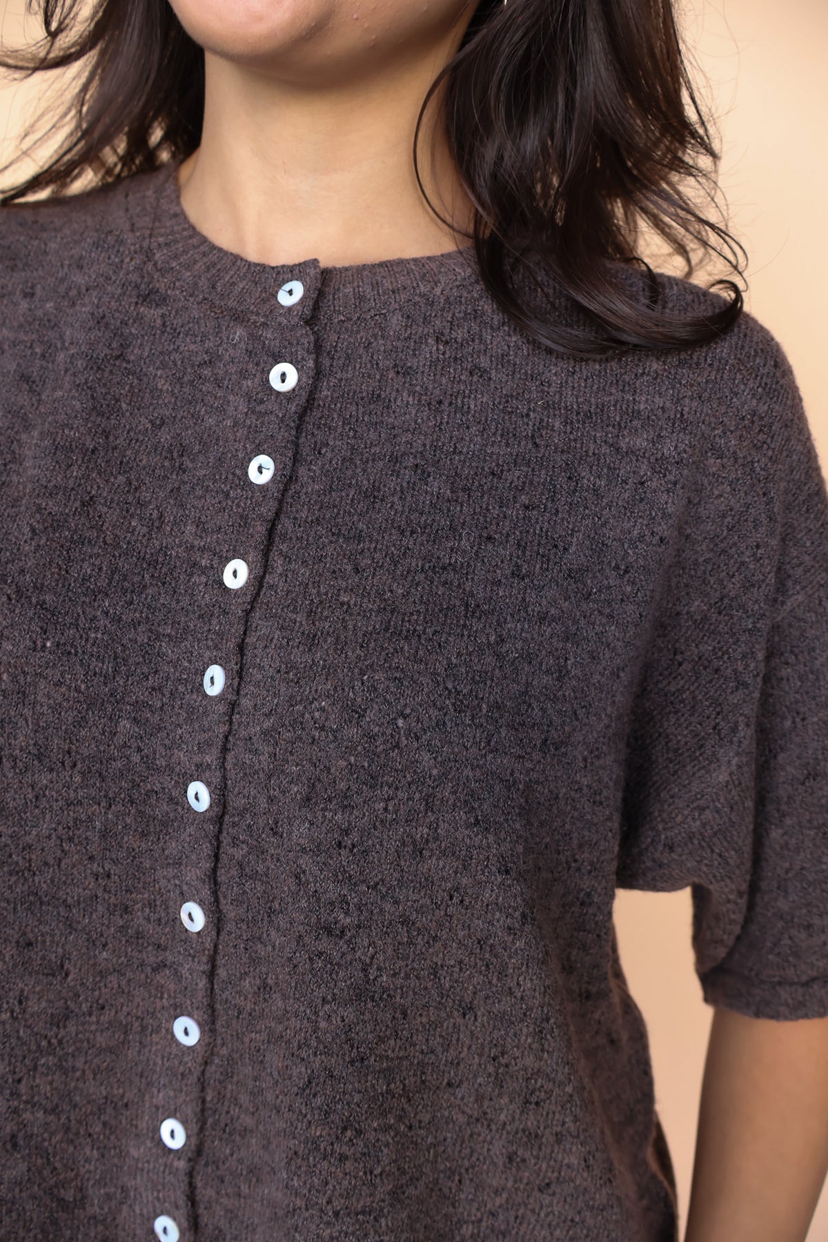 Pointelle Knit Cardigan in Brown