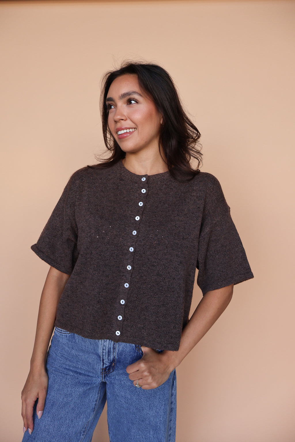 Pointelle Knit Cardigan in Brown