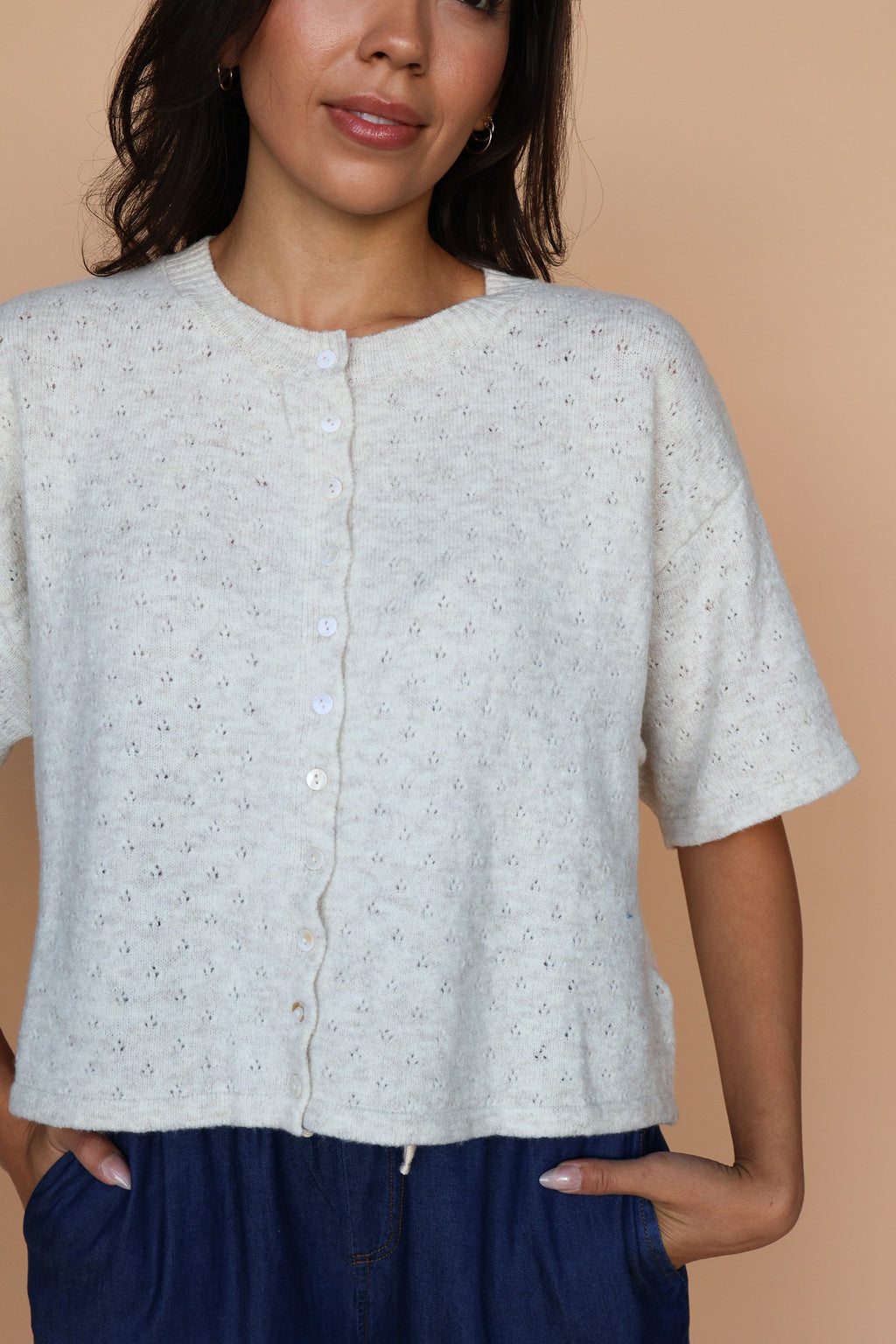 Pointelle Knit Cardigan in Oatmeal