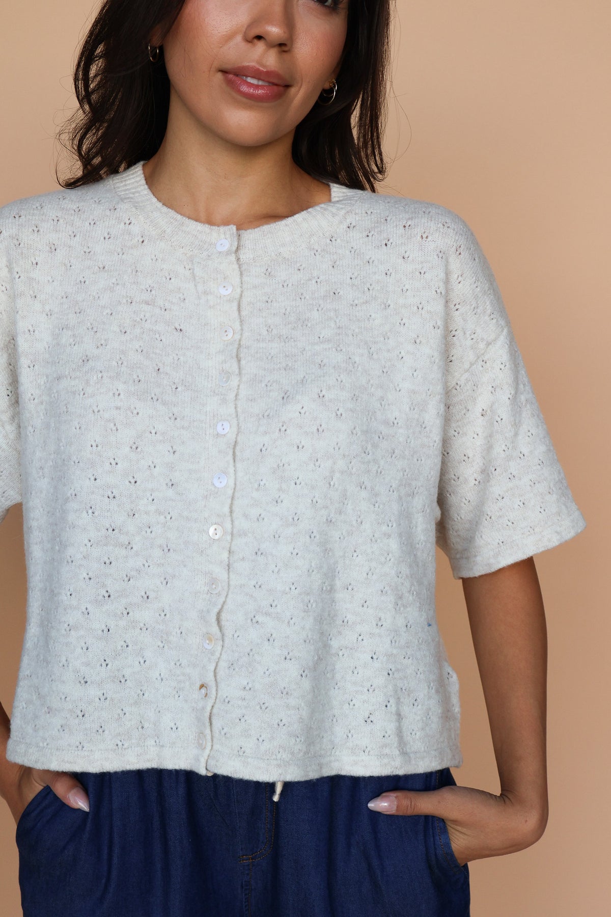 Pointelle Knit Cardigan in Oatmeal