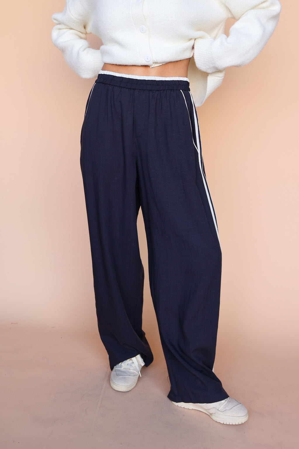 Linen Blend Track Pants in Navy