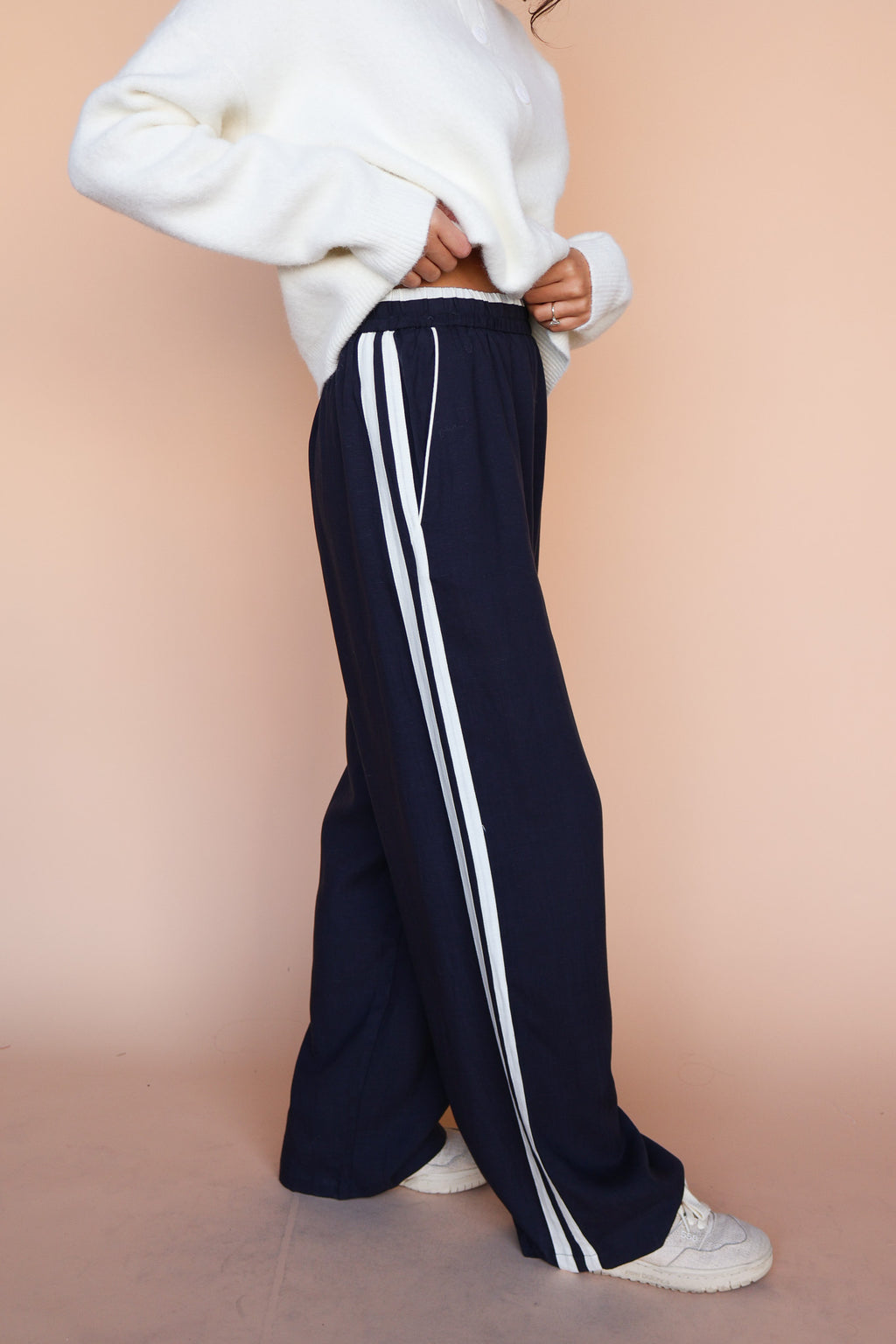 Linen Blend Track Pants in Navy
