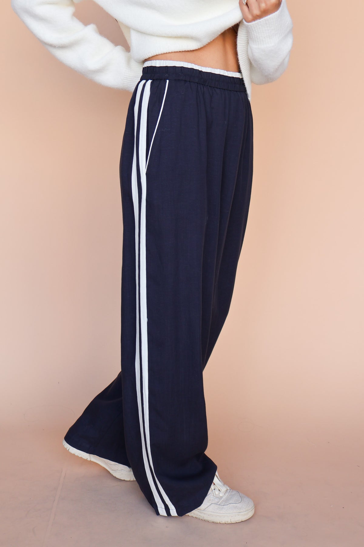 Linen Blend Track Pants in Navy