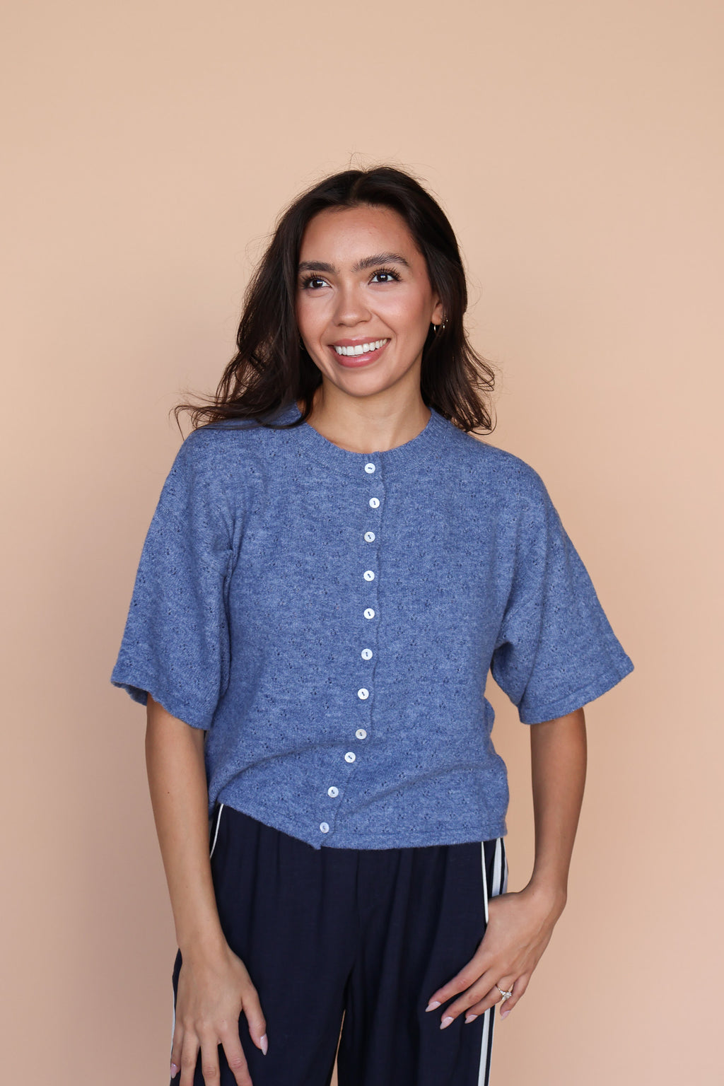 Pointelle Knit Cardigan in Denim Blue